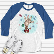 Christmas Raglan, Cute Christmas Giraffe with Snowflakes, Giraffe and Ornament Design on premium Raglan 3/4 sleeve shirt, plus size, 2X, 3X