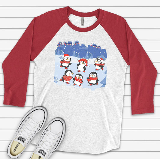 Christmas Raglan, Cute Penguins Ice Skating, Penguins Skating on Ice Design on premium Raglan 3/4 sleeve shirt, plus size, 2X, 3X