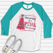 Christmas Raglan, Dreaming of a Pink Christmas, Cute Pink Christmas Tree Design on premium Raglan 3/4 sleeve shirt, plus size, 2X, 3X