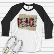 Christmas Raglan, Plaid PEACE on Burlap, Christmas Peace with Christmas Tree  Design on premium Raglan 3/4 sleeve shirt, plus size, 2X, 3X