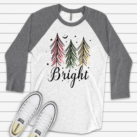 Christmas Raglan, Chic Christmas Trees, Pink, Yellow and Green Trees Bright Design on premium Raglan 3/4 sleeve shirt, plus size, 2X, 3X