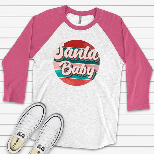 Christmas Raglan, Super Fun 70s Style Santa Baby, Retro Style Santa Baby Sunset Design, premium Raglan 3/4 sleeve shirt, plus size, 2X, 3X