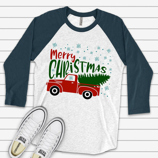 Christmas Raglan, Old Red Truck with Christmas Tree, Snowflakes and Old Truck Design, premium Raglan 3/4 sleeve shirt, plus size, 2X, 3X