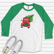 Christmas Raglan, Old Vintage Truck with Tree in Back, Old Red Truck Cutting Tree Design, premium Raglan 3/4 sleeve shirt, plus size, 2X, 3X