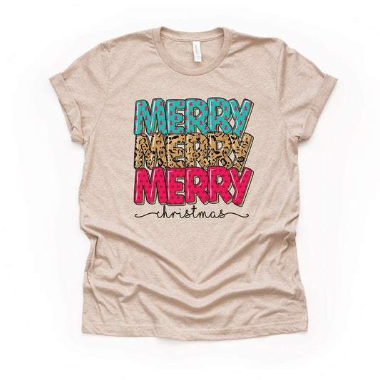 Christmas Tee, Modern Leopard MERRY MERRY MERRY Christmas Design, premium unisex shirt, 4 color choices, plus sizes, 3x and 4x christmas