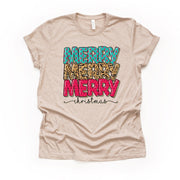 Christmas Tee, Modern Leopard MERRY MERRY MERRY Christmas Design, premium unisex shirt, 4 color choices, plus sizes, 3x and 4x christmas