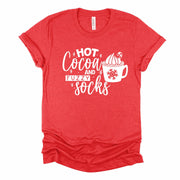 Christmas Tee, Hot Cocoa and Fuzzy Socks, Cute Hot Chocolate and Socks Design on premium cotton unisex shirt, plus sizes, 2x, 3x, 4x