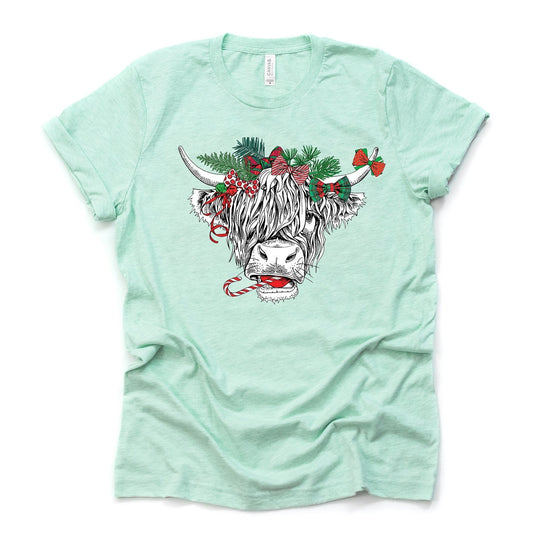 Christmas Tee, Cute Christmas Highland Cow, Cow with Christmas Bows on premium unisex shirt, 3 color choices, 3x christmas, 4x christrmas