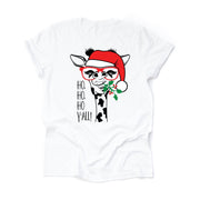 Christmas Tee, Christmas Giraffe with Santa Hat, HO HO HO Y'all design, premium unisex shirt, 3 color choices, 3x christmas, 4x christrmas
