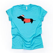 Christmas Dog Tee, Cute Dachshund with Christmas Sweater and Santa Hat, premium unisex shirt, 3 color choices, 3x christmas, 4x christrmas