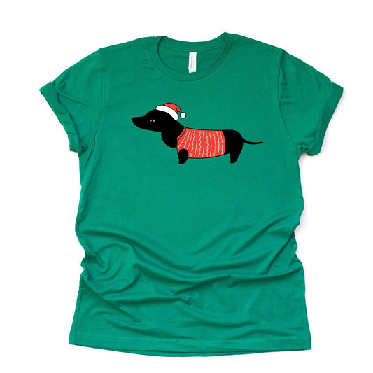 Christmas Dog Tee, Cute Dachshund with Christmas Sweater and Santa Hat, premium unisex shirt, 3 color choices, 3x christmas, 4x christrmas