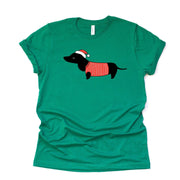 Christmas Dog Tee, Cute Dachshund with Christmas Sweater and Santa Hat, premium unisex shirt, 3 color choices, 3x christmas, 4x christrmas