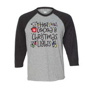 Christmas Raglan, Hot Cocoa & Christmas Lights, Fun Christmas Design on premium Raglan 3/4 sleeve shirt, plus size, 2X raglan, 3X raglan