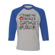 Christmas Raglan, Hot Cocoa & Christmas Lights, Fun Christmas Design on premium Raglan 3/4 sleeve shirt, plus size, 2X raglan, 3X raglan