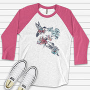 Hummingbird Raglan, Pretty Flowers and Hummingbirds Watercolor Design on premium Raglan 3/4 sleeve shirt, plus size, 2X, 3X