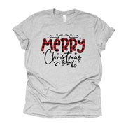 Christmas Tee, Cute Merry Christmas in Red Buffalo Plaid Design, premium unisex tee, 3 color choices, plus sizes available, 3x, 4x christmas