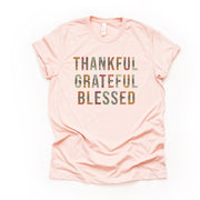 Thanksgiving & Fall Tee, Thankful, Grateful, and Blessed Leopard Print Design on premium unisex shirt, 4 color choices, 3x fall, 4x fall