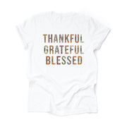 Thanksgiving & Fall Tee, Thankful, Grateful, and Blessed Leopard Print Design on premium unisex shirt, 4 color choices, 3x fall, 4x fall