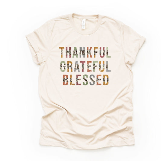 Thanksgiving & Fall Tee, Thankful, Grateful, and Blessed Leopard Print Design on premium unisex shirt, 4 color choices, 3x fall, 4x fall
