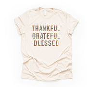Thanksgiving & Fall Tee, Thankful, Grateful, and Blessed Leopard Print Design on premium unisex shirt, 4 color choices, 3x fall, 4x fall