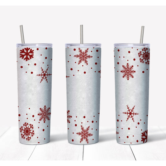 20 oz Skinny Tumbler, Fun White and Red Snowflakes Tumbler, Fun Christmas Tumbler, Christmas Skinny, 20 oz Stainless Steel Tumbler