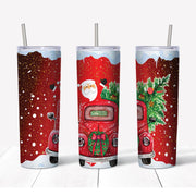 20 oz Skinny Tumbler, Old Red Truck With Santa and Tree Tumbler, Fun Christmas Tumbler, Christmas Skinny, 20 oz Stainless Steel Tumbler