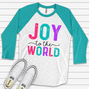 Christmas Raglan, Fun and Bright JOY to the WORLD Design on premium Raglan 3/4 sleeve shirt, plus size, 2X, 3X
