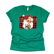 Christmas Tee,Old Fashioned Santa Claus on Buffalo Plaid, HO HO HO Marquee Design on premium cotton unisex shirt, plus sizes, 2x, 3x, 4x