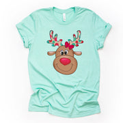 Christmas Tee, Super Cute Red Nose Reindeer with Polka Dot Antlers, Reindeer Design on premium cotton unisex shirt, plus sizes, 2x, 3x, 4x