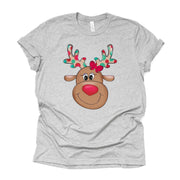 Christmas Tee, Super Cute Red Nose Reindeer with Polka Dot Antlers, Reindeer Design on premium cotton unisex shirt, plus sizes, 2x, 3x, 4x