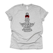 Christmas Tee, Christmas Words in Angel, Christmas Angel Design on premium unisex shirt, 3 color choices, plus sizes, 3x and 4x christmas