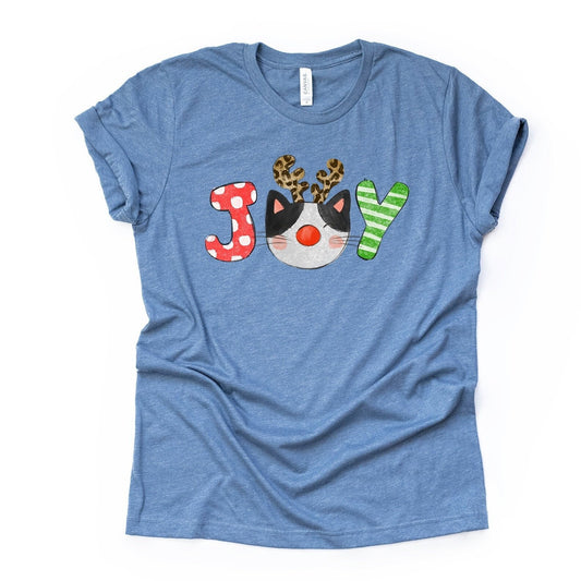 Christmas Tee, Black and White Cat with Antlers, Christmas JOY Design on premium unisex shirt, 3 color choices, plus sizes, 3x, 4x christmas