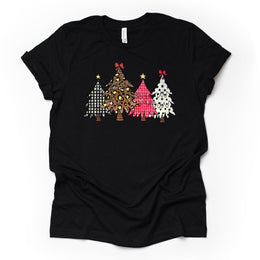 Modern Christmas Trees, Plaid, Leopard and Dots Christmas Trees Design on premium unisex shirt, 3 color choices, plus size, 3x, 4x christmas