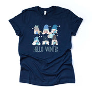 Winter Tee, Super Cute Winter Gnomes with Hello Winter, Winter gnomes Design on premium cotton unisex shirt, plus sizes, 2x, 3x, 4x