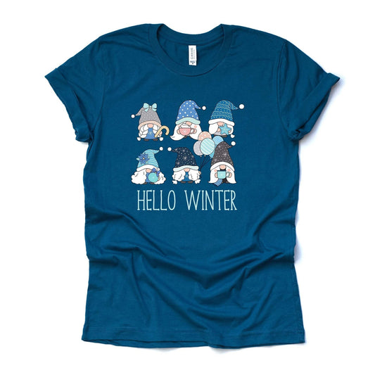 Winter Tee, Super Cute Winter Gnomes with Hello Winter, Winter gnomes Design on premium cotton unisex shirt, plus sizes, 2x, 3x, 4x