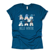 Winter Tee, Super Cute Winter Gnomes with Hello Winter, Winter gnomes Design on premium cotton unisex shirt, plus sizes, 2x, 3x, 4x