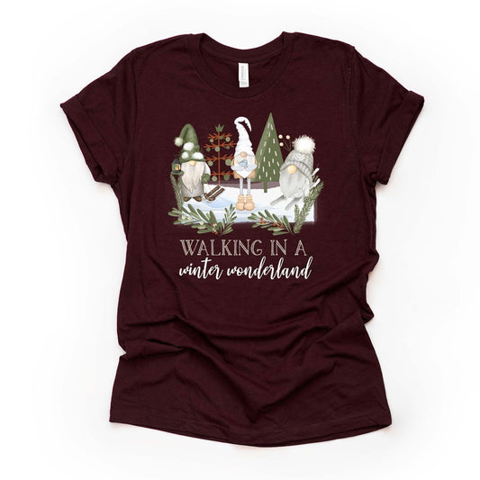 Christmas Tee,  Walking in a Winter Wonderland Forest Gnomes, Woodland Gnomes Design on premium cotton unisex shirt, plus sizes, 2x, 3x, 4x