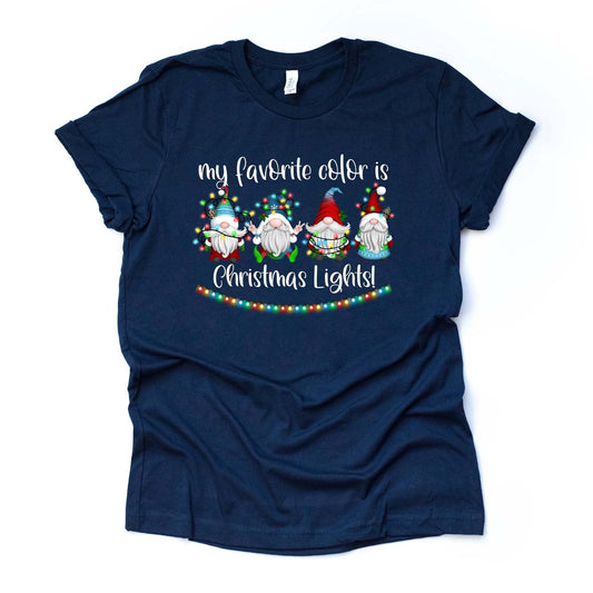 Christmas Tee, My Favorite Color is Christmas Lights, Gnomes in Christmas Lights Design, premium cotton unisex shirt, plus sizes, 2x, 3x, 4x