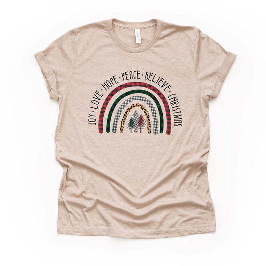 Christmas Tee, Christmas Rainbow, Joy, Love, Hope, Peace, Believe in Christmas Design, premium cotton unisex shirt, plus sizes, 2x, 3x, 4x