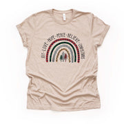 Christmas Tee, Christmas Rainbow, Joy, Love, Hope, Peace, Believe in Christmas Design, premium cotton unisex shirt, plus sizes, 2x, 3x, 4x