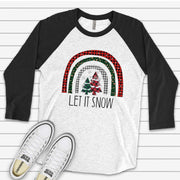 Christmas Raglan, Super Cute Plaid Christmas Rainbow, Let It Snow Rainbow Design on premium Raglan 3/4 sleeve shirt, plus size, 2X, 3X
