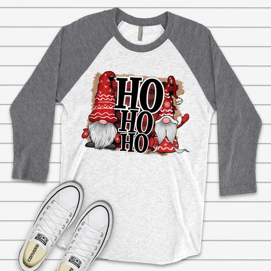 Christmas Raglan, Super Cute Christmas Gnomes, HO HO HO Santa Gnomes Design on premium Raglan 3/4 sleeve shirt, plus size, 2X, 3X
