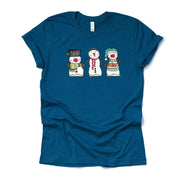 Christmas and Winter Tee, Cute Trio of Snowmen, Three Adorable Snowmen Design on premium cotton unisex shirt, plus sizes, 2x, 3x, 4x