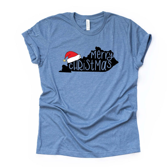 Christmas Tee, Merry Christmas Kentucky, Kentucky Christmas Santa Hat, KY Santa Design on premium unisex shirt, 2 color choices, plus size