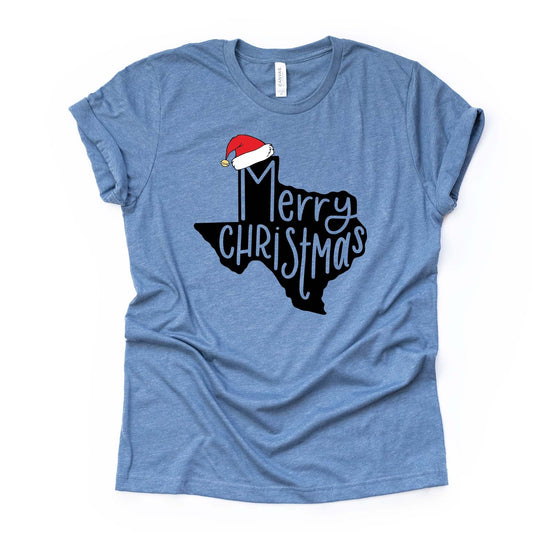 Christmas Tee, Merry Christmas Texas, Texas Christmas Santa Hat, TX Santa Design on premium unisex shirt, 2 color choices, plus size