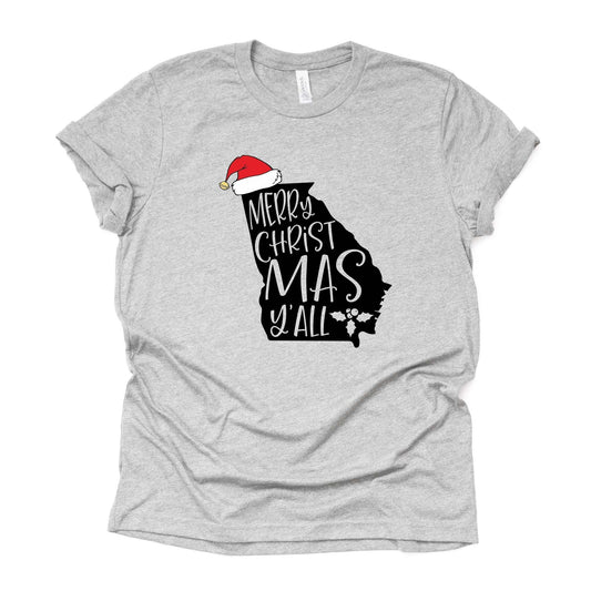 Christmas Tee, Merry Christmas Georgia, Georgia Christmas Santa Hat, GA Santa Design on premium unisex shirt, 2 color choices, plus size