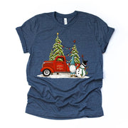 Christmas Tee, Cute Christmas Scene with Red Truck, Gnome and Snowman Design, premium unisex shirt, 2 color choices, 3x, 4x, plus sizes
