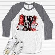 Christmas Raglan, Cute Christmas Gnomes, Santa Gnomes, HO HO HO Gnomes Design on premium Raglan 3/4 sleeve shirt, plus size, 2X, 3X