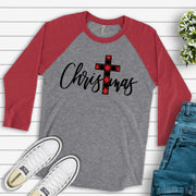 Christmas Raglan, Christmas with Red Buffalo Plaid Cross, Christian Christmas Design on premium Raglan 3/4 sleeve shirt, plus size, 2X, 3X
