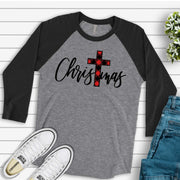 Christmas Raglan, Christmas with Red Buffalo Plaid Cross, Christian Christmas Design on premium Raglan 3/4 sleeve shirt, plus size, 2X, 3X